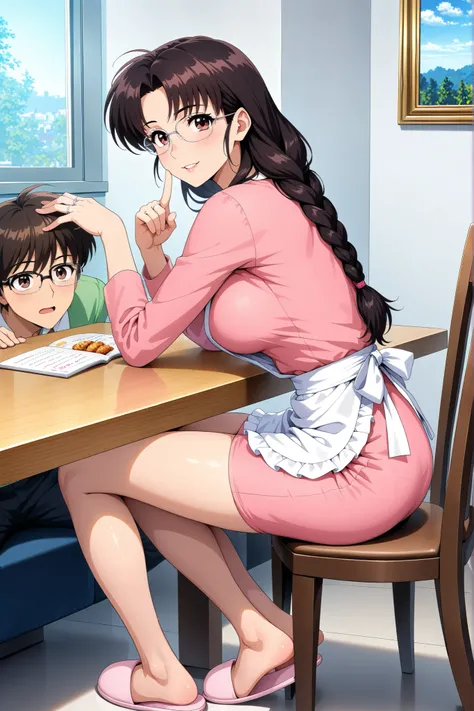 (Score 9, score 8 up) 、Arima Ayumi , ((brown hair:1.3)) ,Glasses, braids, single braids、 long hair, straight hair, , ((brown eyes:1.3)) ,1 woman, mature woman,The woman is mom, beautiful double eyelids, beautiful double eyelidsと下まつげ , Split Lips ,Mom's ...