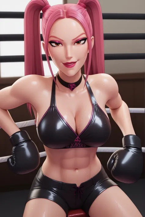 BREAK, score_6_up, score_7_up, score_8_up, score_9, 1girl, solo, kpdh_m1ra, long hair, dark pink hair, brown eyes, twintails, black choker, lipstick, makeup, official KPop Demon Hunters aesthetic, large breasts, busty, cleavage, curvy, athletic, looking at...