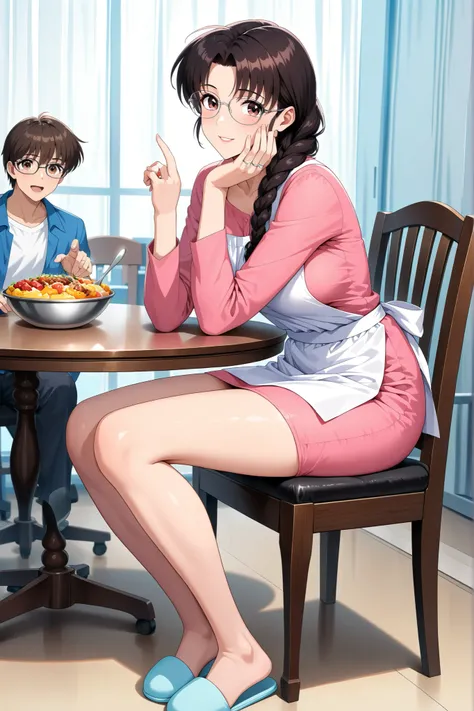 (Score 9, score 8 up) 、Arima Ayumi , ((brown hair:1.3)) ,Glasses, braids, single braids、 long hair, straight hair, , ((brown eyes:1.3)) ,1 woman, mature woman,The woman is mom, beautiful double eyelids, beautiful double eyelidsと下まつげ , Split Lips ,Mom's ...