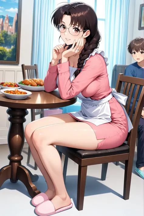 (Score 9, score 8 up) 、Arima Ayumi , ((brown hair:1.3)) ,Glasses, braids, single braids、 long hair, straight hair, , ((brown eyes:1.3)) ,1 woman, mature woman,The woman is mom, beautiful double eyelids, beautiful double eyelidsと下まつげ , Split Lips ,Mom's ...