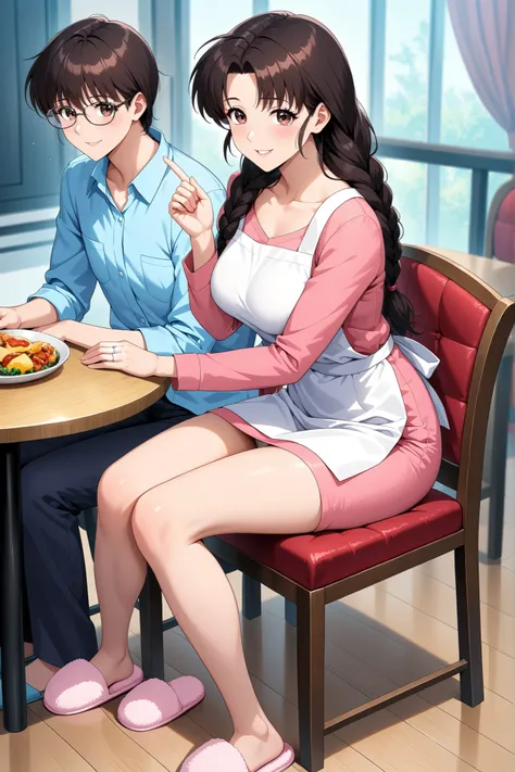 (Score 9, score 8 up) 、Arima Ayumi , ((brown hair:1.3)) ,Glasses, braids, single braids、 long hair, straight hair, , ((brown eyes:1.3)) ,1 woman, mature woman,The woman is mom, beautiful double eyelids, beautiful double eyelidsと下まつげ , Split Lips ,Mom's ...