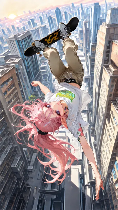 masterpiece), Zero gravity world view, Pink-haired girl rides briskly on a skateboard spinning and jumping between skyscrapers,
Still aerial motion at the peak of the jump, cityscape background shining in the morning sun、自由と無重力のエネルギーの強い感覚
風になびくビビッドなpink ha...