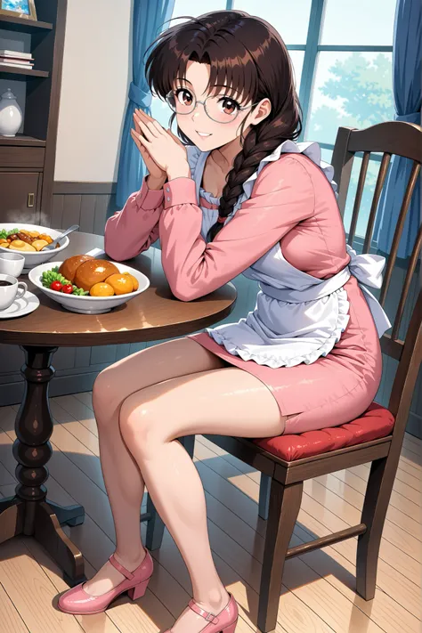 (Score 9, score 8 up)  、Arima Ayumi  , ((brown hair:1.3)) ,Glasses, braids, single braids、  long hair, straight hair, , ((brown eyes:1.3)) , 1 girl , solo 、1 woman, mature woman, beautiful double eyelids, beautiful double eyelidsと下まつげ , Split Lips , ,　(Ret...