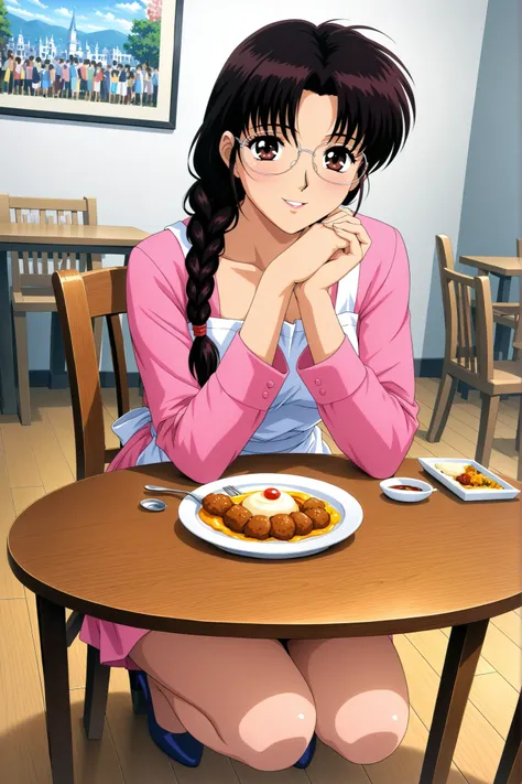 (Score 9, score 8 up)  、Arima Ayumi  , ((brown hair:1.3)) ,Glasses, braids, single braids、  long hair, straight hair, , ((brown eyes:1.3)) , 1 girl , solo 、1 woman, mature woman, beautiful double eyelids, beautiful double eyelidsと下まつげ , Split Lips , ,　(Ret...