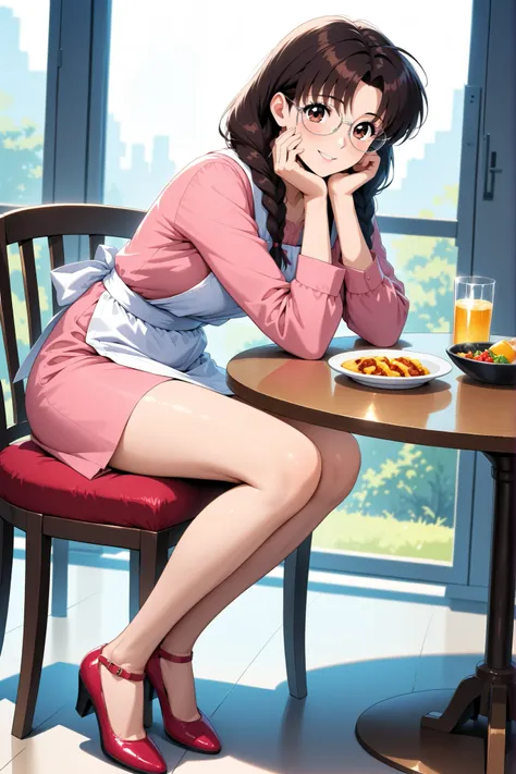 (Score 9, score 8 up)  、Arima Ayumi  , ((brown hair:1.3)) ,Glasses, braids, single braids、  long hair, straight hair, , ((brown eyes:1.3)) , 1 girl , solo 、1 woman, mature woman, beautiful double eyelids, beautiful double eyelidsと下まつげ , Split Lips , ,　(Ret...