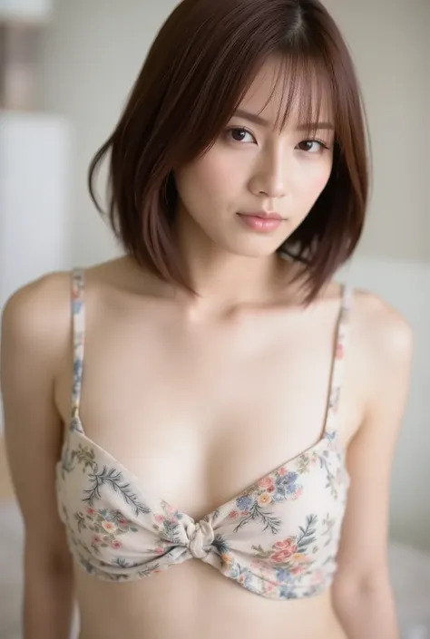 ( super real) , ( high image quality ) , (8k) , ( very detailed) , ( top quality) , ( Super Detailed) , (masterpiece) ,bust up shot. (Open Shirt). Japanese woman. glamorous body, short bob hair.Stroll