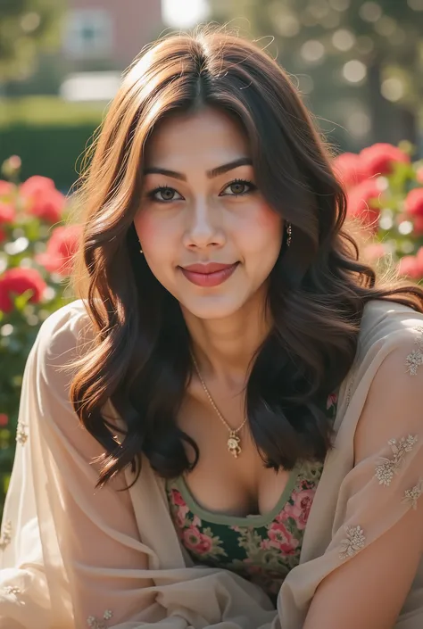 masterpiece, 8k, Highest Quality, detail, high resolution, Digital Photo, ultra detailed, Three-quarter view portrait of a young woman crouching for a photo in front of the university’s flower garden after her graduation ceremony, cap tilted playfully. Her...
