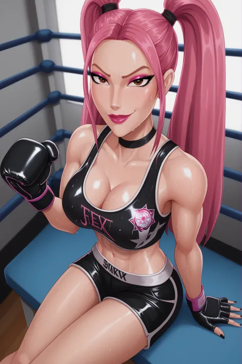BREAK, score_6_up, score_7_up, score_8_up, score_9, 1girl, solo, kpdh_m1ra, long hair, dark pink hair, brown eyes, twintails, black choker, lipstick, makeup, official KPop Demon Hunters aesthetic, large breasts, busty, cleavage, curvy, athletic, looking at...
