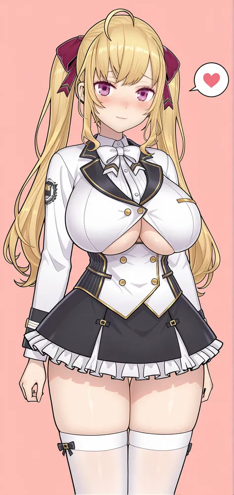 nijirion, purple eyes, blonde hair, twintails, ahoge, hair ribbon,masterpiece,top quality,Newest,very high resolution,DETAIL EYES,beautiful,Anime Coloring,ANIMATION SCREENSHOT,Light pink background,1woman,solo,womanhood,( adulthood),(大人のwomanhood),(mature ...