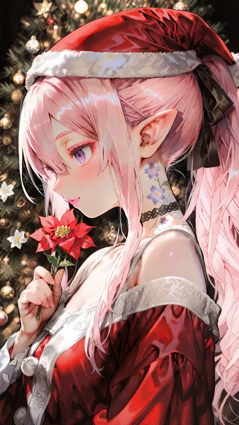 Artistically drawn、Stunning portrait of a beautiful woman with careful attention to detail。20 years old、Winter trend 、Santa Claus Outfit、Santa Claus hat、上品なpink hairの少女。(petite girl、upper body、profile、pink hair、long hair、One ponytail、hair between eyebrows、...