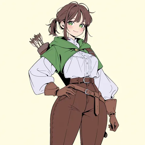 masterpiece, ultra-HD, impressionism, high detail, best quality, very aesthetic, 8K, best quality, beautiful, ultra-high resolution, 32K UHD, sharp focus, 1woman, solo, short hair, messy hair, brown hair, ponytail, straight hair, short locks, almond-shaped...