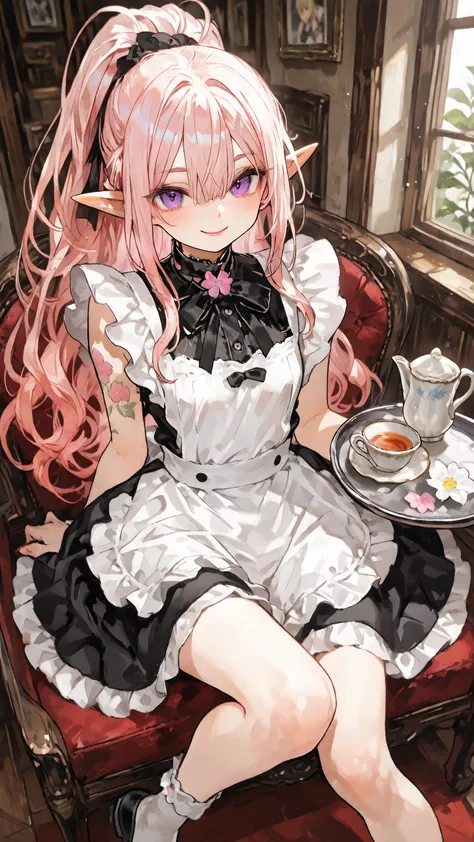 ((best quality、Japanese anime illustration))、Artistically drawn、Stunning portrait of a beautiful woman with careful attention to detail。
maid outfit、上品なpink hairの少女。(petite girl、（eet out of frame または foot out of frame）、pink hair、long hair、One ponytail、hair...
