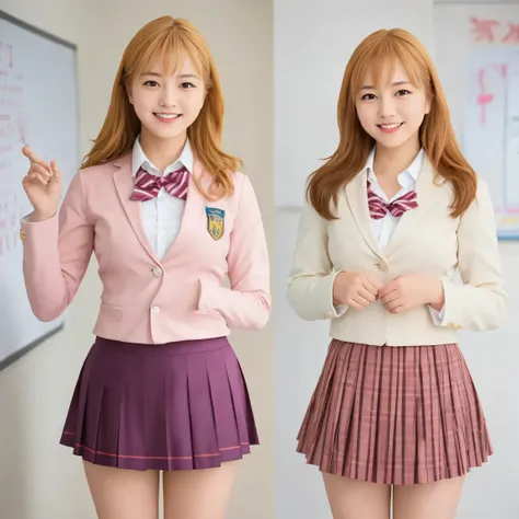 1girl, cute, Smile Yang with a middle-aged man, viewers, blazer uniform, pink check skirt with  in it, seifuku,  Picture , realistic, top quality, hires, detailed face, classroom, detailed background, diffuse lighting,  Depth of coverage , Bokeh, full body...