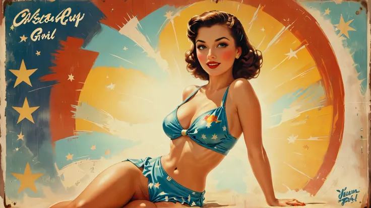 Illustration. 1940s poster art.
Banner text, glowing, in the air. (text: "Pin-up Girl").
pnpgrlCE_style
texttitle