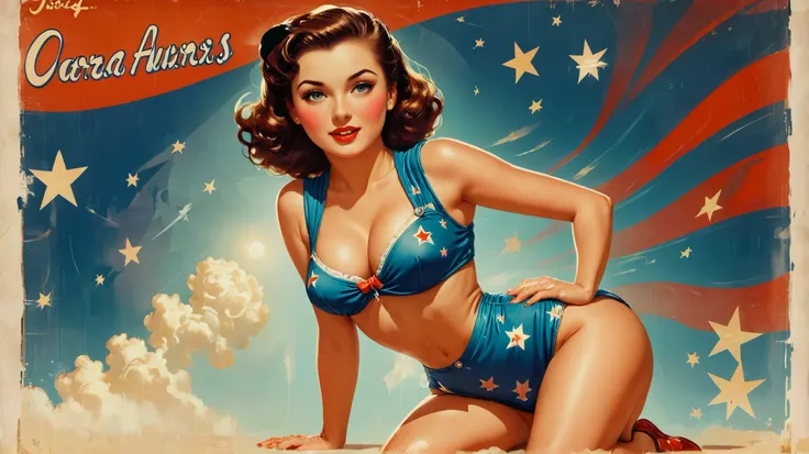 Illustration. 1940s poster art.
Banner text, glowing, in the air. (text: "Pin-up Girl").
pnpgrlCE_style
texttitle