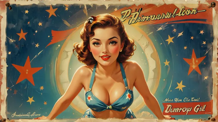 Illustration. 1940s poster art.
Banner text, glowing, in the air. (text: "Pin-up Girl").
ヌカコーラを持っている,
pnpgrlCE_style
texttitle