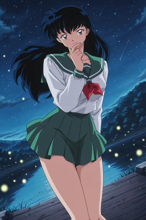 Higurashi kagome \(inuyasha\), solo,  sexy curvy body, masterpiece, 16K resolution, perfect anatomy, seductive pose, erotic, attention to detail,  (dynamic angle), detailed background, under night sky, falling stars, beautiful night sky on bank of the rive...