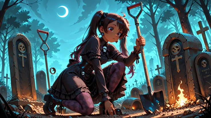 goth girl , with a shovel, digging up with a shovel a cemetery land, luz de luna, calaveras,