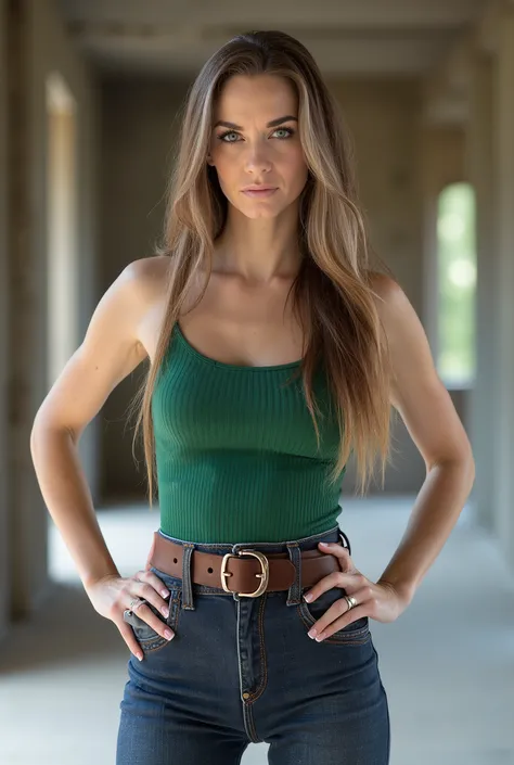 Mature Female, photorealistic, full-body shot, white European mature woman, aged beauty, aged skin with high detail, slim waist, wide hips, form-fitting green ribbed tank top, skin-tight high-waisted jeans, thick wide leather belt, belt emphasizes narrow w...