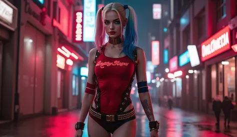A beautiful cyborg girl (Harleyquinn) wearing a bright red, fitted swimsuit with neon lights, walking in a futuristic city at night, sexy detailed y perfect cuerpo cybernetico, (red neon lights shining on her black clothes), delicate and beautiful face (de...