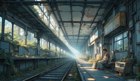 “Abandoned train station overtaken by nature, soft sunlight beams through cracked ceiling, lofi muted colors, old cassette player on a bench playing music, peaceful atmosphere.”