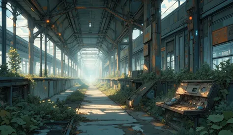 “Abandoned train station overtaken by nature, soft sunlight beams through cracked ceiling, lofi muted colors, old cassette player on a bench playing music, peaceful atmosphere.”