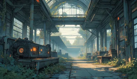“Abandoned train station overtaken by nature, soft sunlight beams through cracked ceiling, lofi muted colors, old cassette player on a bench playing music, peaceful atmosphere.”