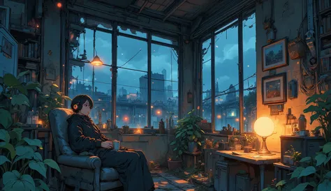 “A small survivor room in a ruined building, warm lofi lamp glow, cracked windows showing destroyed city outside, plants growing through floor, person relaxing with headphones and coffee, cozy despite chaos.”
