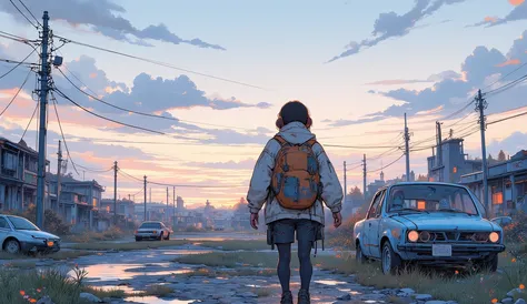 “Lofi wasteland walk, lone traveler with backpack and headphones, destroyed cars covered in flowers, pastel skies, calm breeze, dreamy melancholy vibe.”