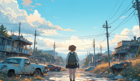 “Lofi wasteland walk, lone traveler with backpack and headphones, destroyed cars covered in flowers, pastel skies, calm breeze, dreamy melancholy vibe.”