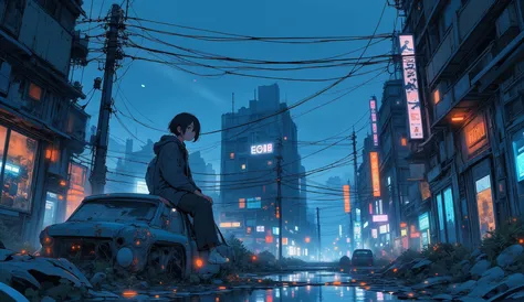 “Flooded abandoned street reflecting neon lights, quiet raindrops, lofi color grading, figure sitting on a broken car listening to music, peaceful sadness.”