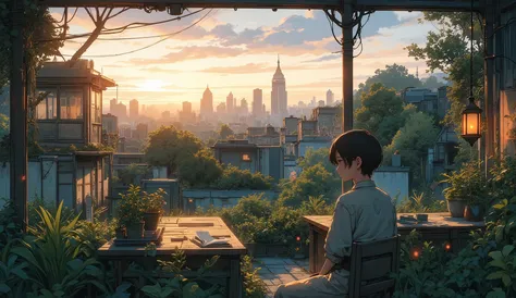 “Rooftop garden grown after civilization fall, handmade lanterns hanging, lofi grain texture, destroyed skyline in the background, warm wind blowing papers gently.”