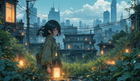 “Rooftop garden grown after civilization fall, handmade lanterns hanging, lofi grain texture, destroyed skyline in the background, warm wind blowing papers gently.”