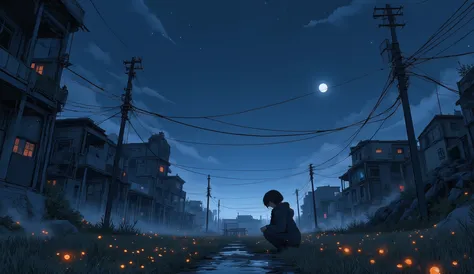 “Quiet lofi apocalyptic night scene, moonlight shining on collapsed buildings, small radio playing static-laced music, fireflies glowing around.”