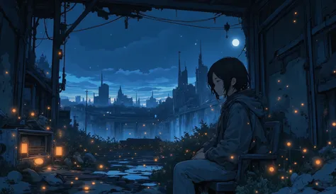 “Quiet lofi apocalyptic night scene, moonlight shining on collapsed buildings, small radio playing static-laced music, fireflies glowing around.”