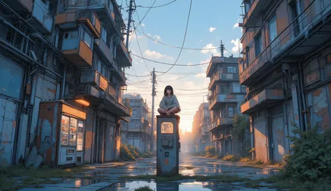 “Lofi abandoned city street at dusk, warm pastel sky reflecting on broken windows, small plants growing through cracked pavement, a lone survivor sitting on an old vending machine listening to music.”