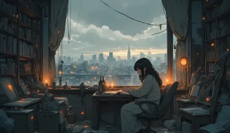 “Cozy lofi apartment in a destroyed city, candles glowing, torn curtains blowing in the wind, soft rain falling outside, survivor writing in a journal on a dusty desk.”