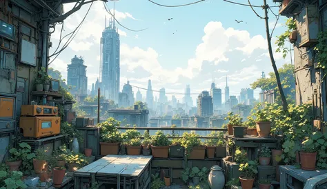 “Lofi city rooftop garden made from scavenged wood and pots, vines covering everything, old radios stacked in a corner playing mellow beats, peaceful view of ruined skyscrapers.”