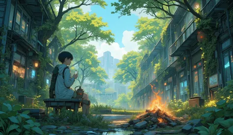 “Lofi forest grown over the ruins of a mall, trees rising through the roof, gentle sunbeams falling through leaves, small campfire with a kettle boiling tea, calm wind sound.”