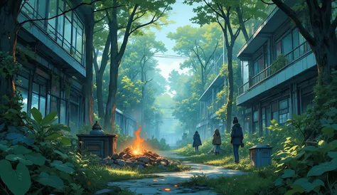 “Lofi forest grown over the ruins of a mall, trees rising through the roof, gentle sunbeams falling through leaves, small campfire with a kettle boiling tea, calm wind sound.”