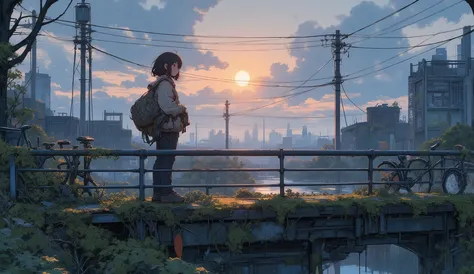 “Lofi city bridge overtaken by moss, gentle fog drifting around, abandoned bicycles leaning on railings, survivor listening to portable radio while watching the sunrise.”