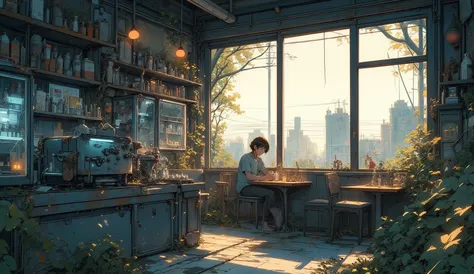 “Lofi ruined café on a quiet city corner, broken windows covered by vines, old coffee machine still intact, a survivor sitting at a dusty table sketching while soft sunlight pours in.”