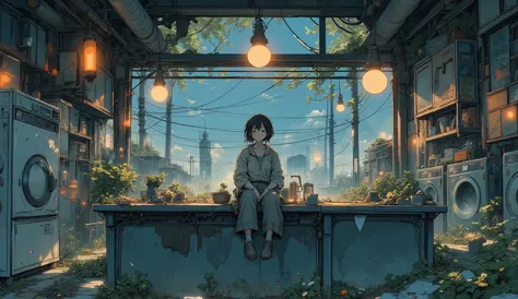 “Lofi laundromat in a collapsed neighborhood, warm yellow lights from hanging lanterns, plants growing in washing machines, survivor sitting on a counter with headphones on.”