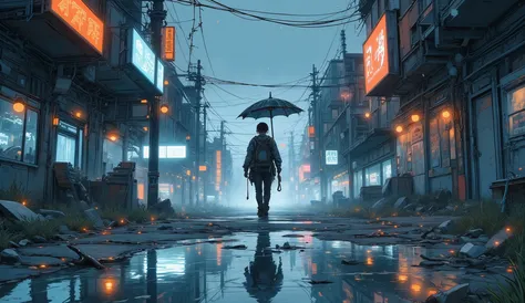 “Lofi rainy-day city street in ruins, puddles reflecting shattered neon lights, a survivor walking with an umbrella made of scrap metal, calm melancholic mood.”
