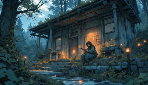 “Lofi cabin built from fallen ruins, soft lantern glow inside, forest slowly reclaiming everything, survivor playing a guitar softly while sitting on cracked stone steps.”