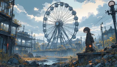 “Lofi abandoned amusement park swallowed by forest, rusted rides covered in vines, soft pastel fog, a traveler sketching the overgrown Ferris wheel.”