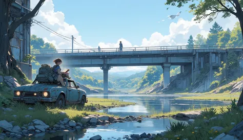 “Lofi forest river flowing through collapsed highway pieces, gentle water reflections, birds returning to the land, a survivor sitting on a rusted car roof reading a book.”