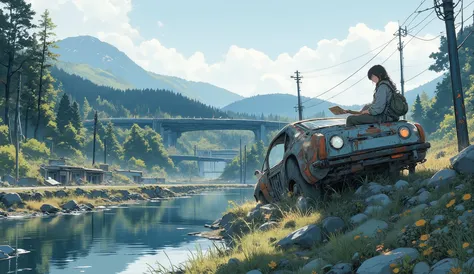 “Lofi forest river flowing through collapsed highway pieces, gentle water reflections, birds returning to the land, a survivor sitting on a rusted car roof reading a book.”