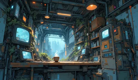 “Lofi abandoned command room turned into a cozy hideout, screens showing static, scattered notebooks, steaming cup of tea on a rusty desk, vines creeping through ceiling cracks.”