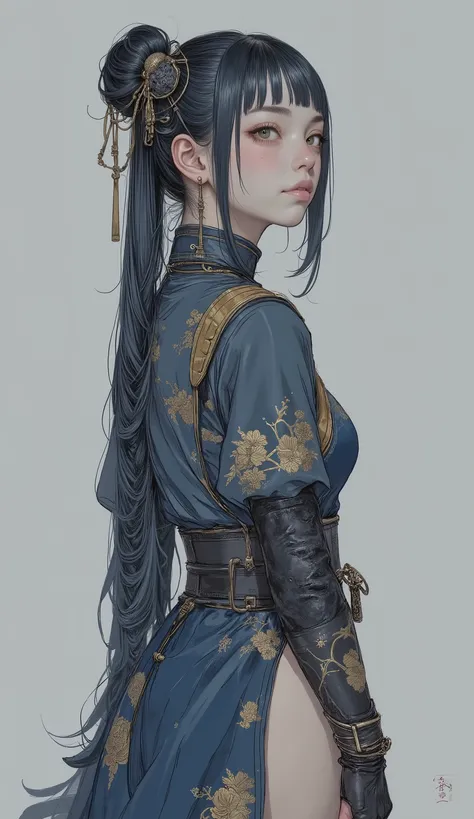 young woman before the performance, Probably in her early 20s, arching her back, viewers looking over the shoulder. She wears bangs on her face I'm styling dark blue hair with buns in it and a long braid that stretches over her left shoulder. Her eyes are ...